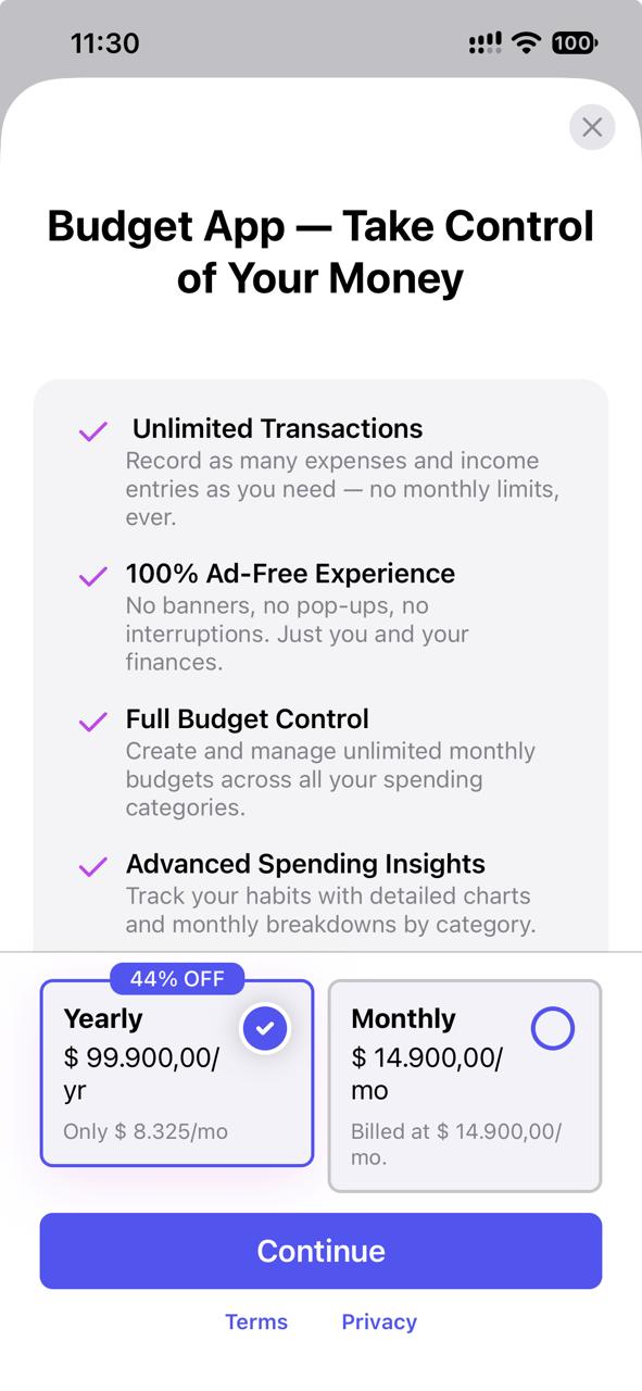 Pantalla de compra dentro de una app móvil