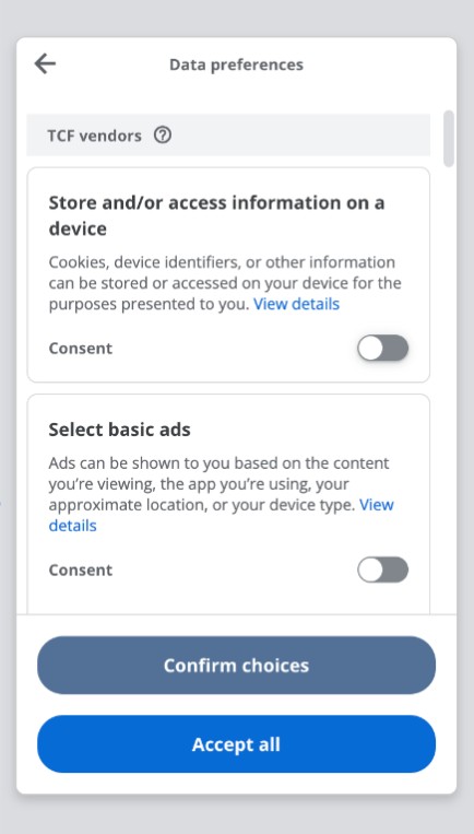 Mensaje de consentimiento de privacidad en una app con anuncios de AdMob