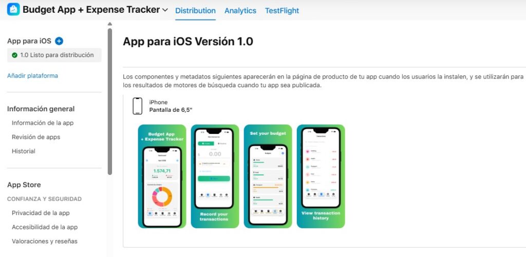 App Store Connect con una app publicada en la App Store
