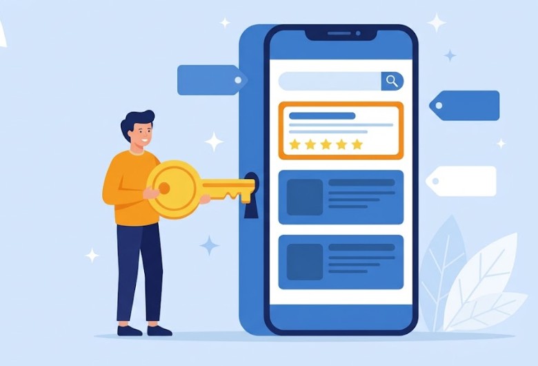 Ilustración del ASO en la App Store con una llave que desbloquea el posicionamiento
