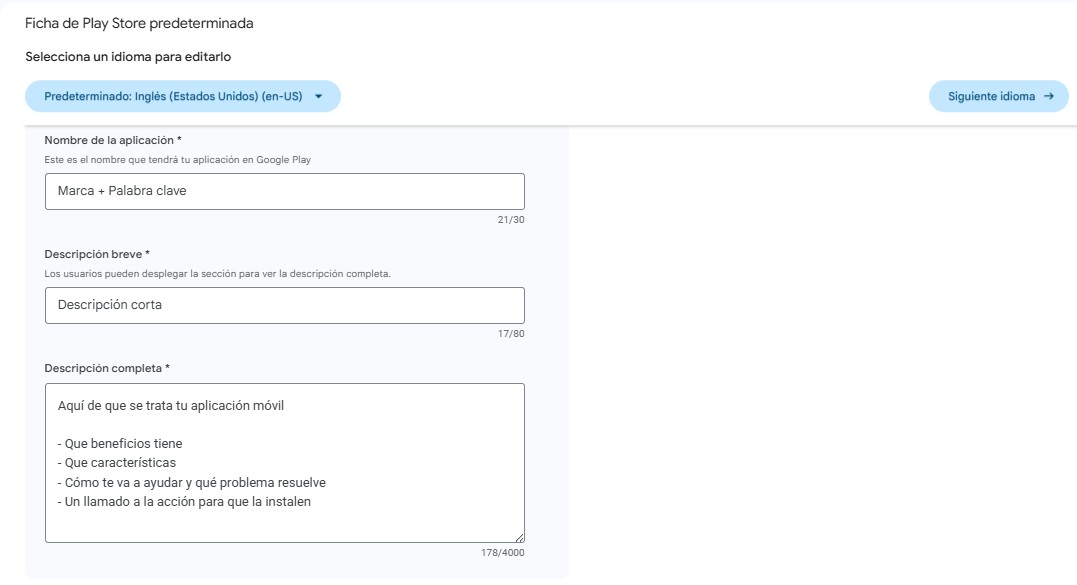 Ficha de Play Store en Google Play Console con los campos de nombre y descripción