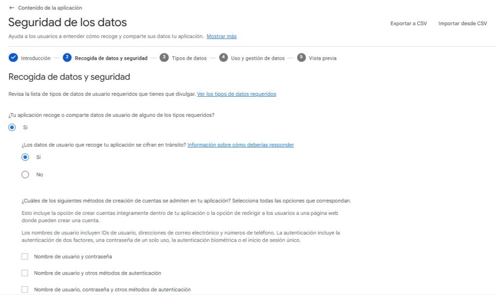 Formulario de seguridad de los datos en Google Play Console