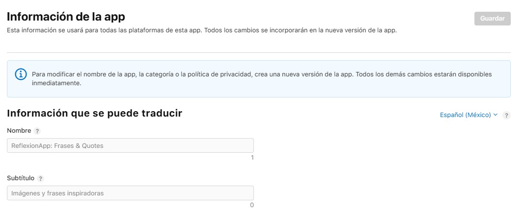 Nombre y subtítulo de una app en App Store Connect