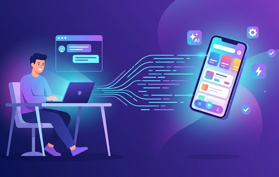Persona creando una app móvil con inteligencia artificial mediante vibe coding