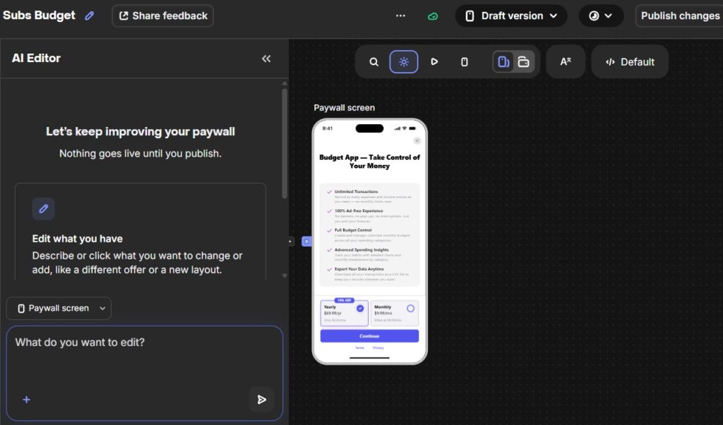 Configuración de un paywall en RevenueCat con plan mensual y anual