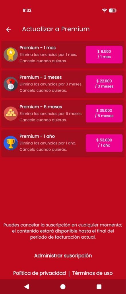 Pantalla premium de una app freemium para quitar los anuncios