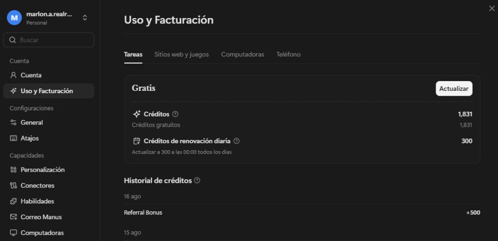 Saldo de créditos en una app de inteligencia artificial