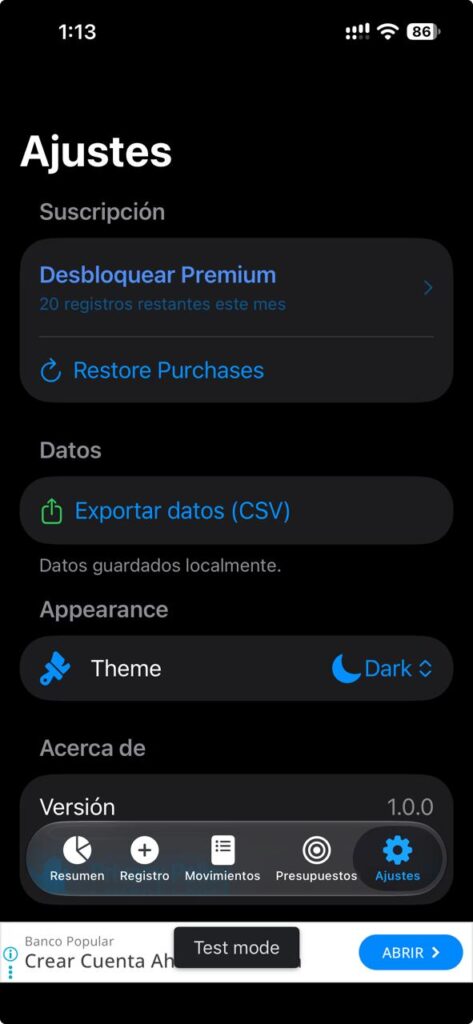 Pantalla de suscripción de una app con el botón de restaurar compras