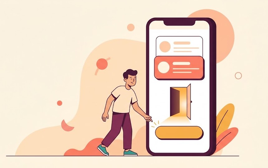 Persona ante el paywall de una app que se abre como una puerta