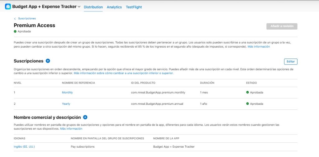 Grupo de suscripción en App Store Connect con dos planes