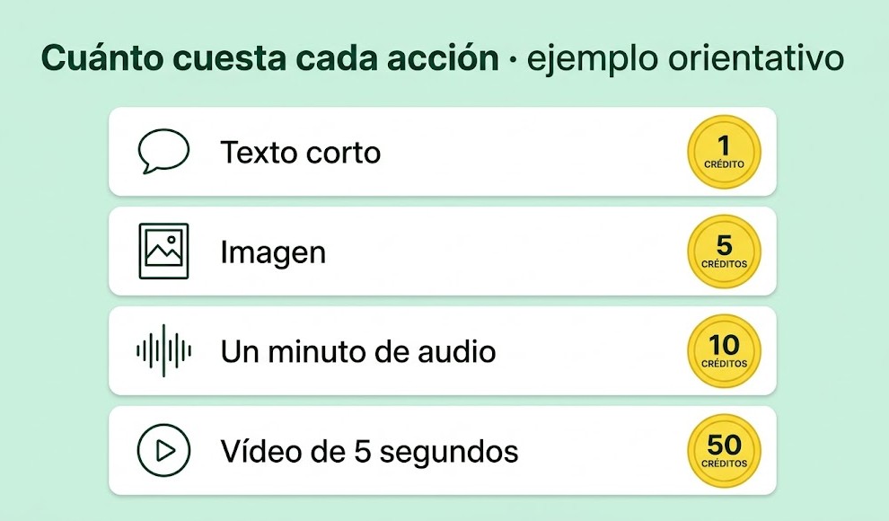 Tabla de costes en créditos por acción en una app con IA
